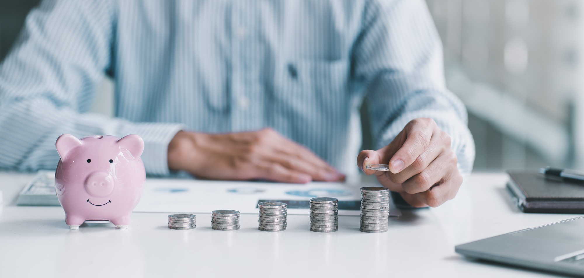 Piggybank Money And Calculator. Accountant Insurance Collection, save money and investment concept.